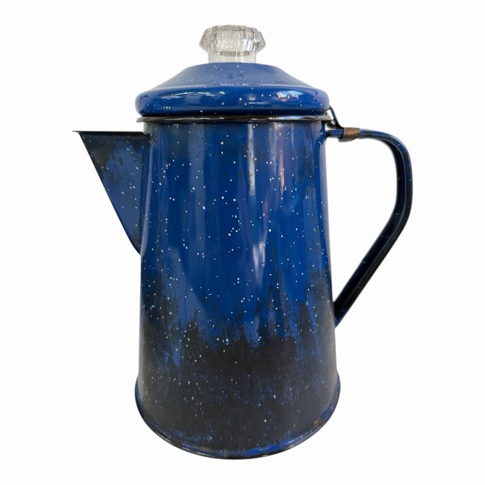 Vintage GSI Percolator Coffee Pot Enamelware Campfire Blue Speckled Glass Knob